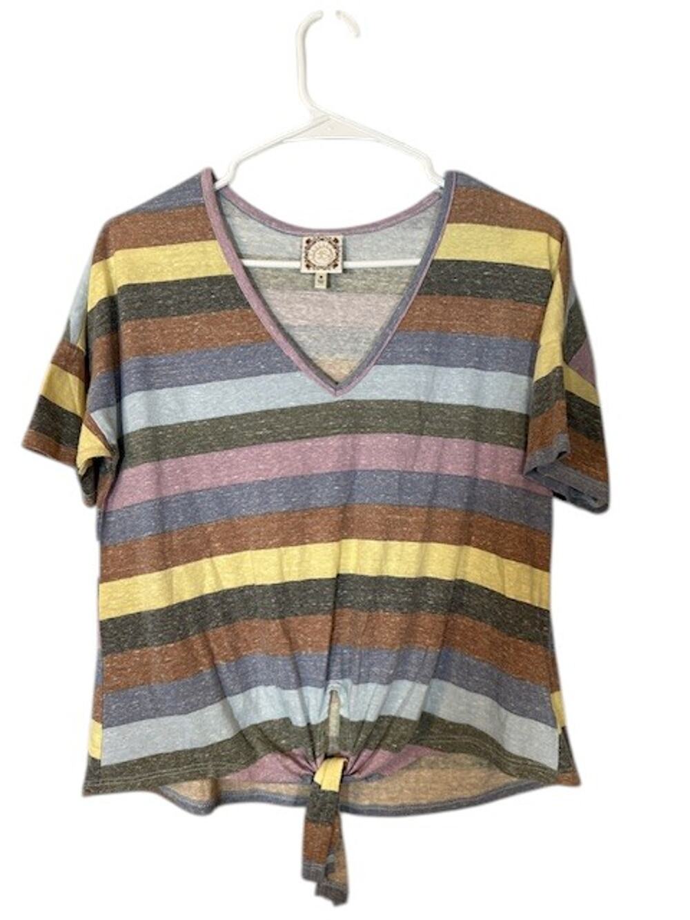 Truself Multi-Color Striped Short Sleeve Tie Knot V-Neck T-Shirt Women Sz M